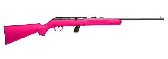 Semi-automatic .22 LR rifle with pink, synthetic sporter style stock.